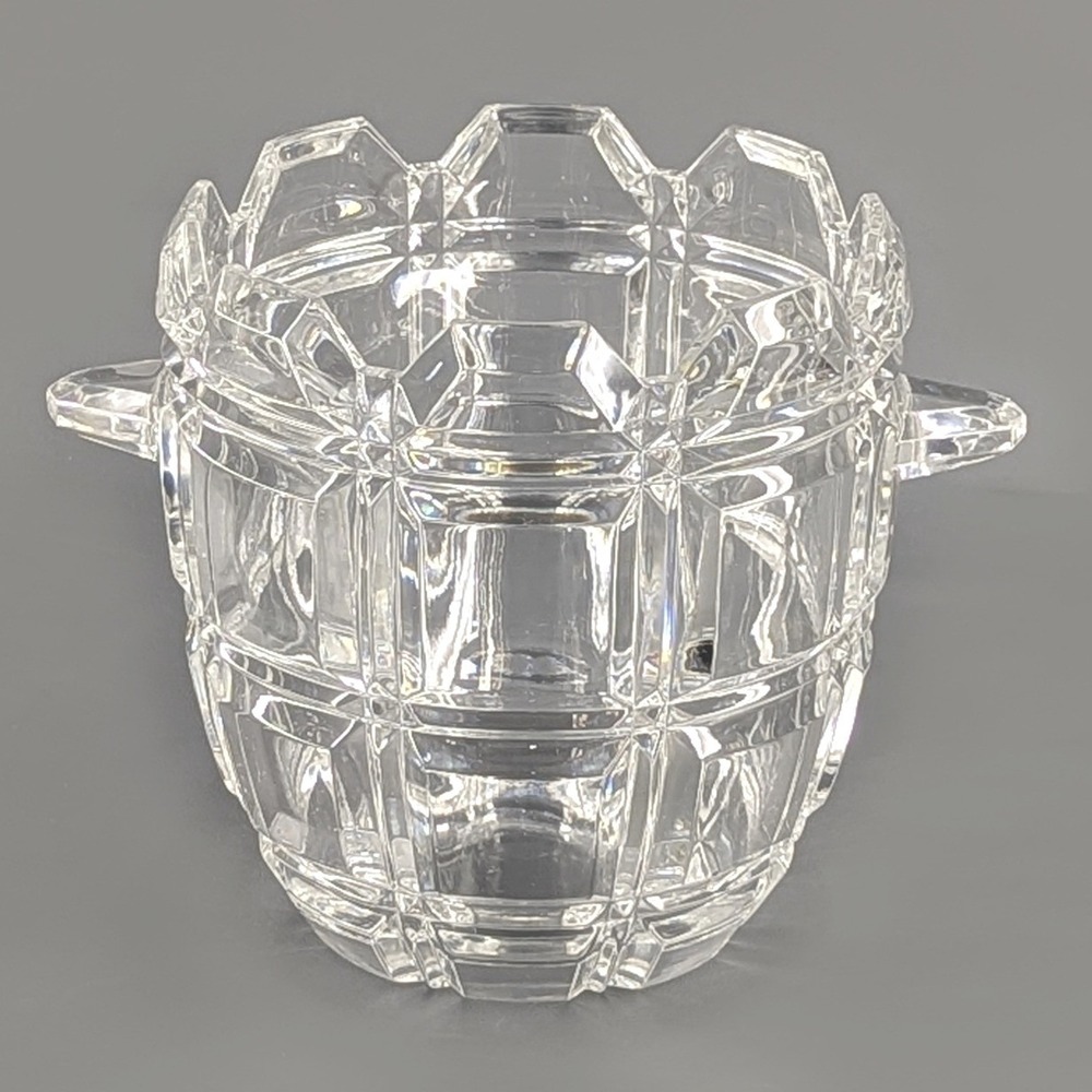 Vintage Clear Cut Glass Ice Bucket Block Pattern Tab Handles Crystal Barware
